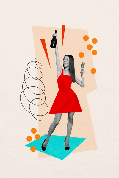 Vertikale Kreative Foto Konzept Collage Von Jungen Positiven Mädchen Rotem — Stockfoto