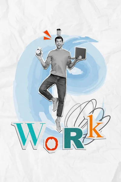 Working Concept Collage Young Excited Guy Employee Netbook Ring Clock — Stock Photo, Image