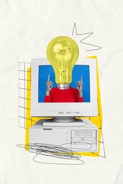 Pcディスプレイ内の人の垂直コラージュ画像ポイント指電球の代わりに描かれた背景に孤立頭 — ストック写真