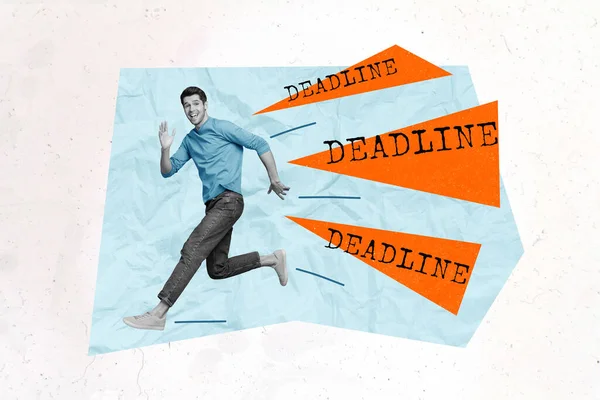 Template Collage Deadline Concept Funny Office Worker Guy First Month — Zdjęcie stockowe