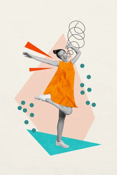 부주의 콜라주 광고의 새로운 디스코 페인트칠 오렌지 스타일의 스커트 리듬을 — 스톡 사진