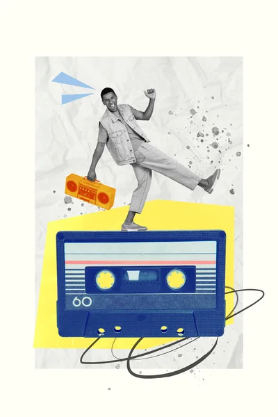Vertical Template Collage Careless Funky Chilling Guy Hold Boombox Listen — Stock Photo, Image