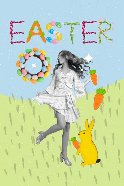 春の時間イースター4月の休日若い豪華な女性が緑の芝生のウサギの公園を踊るウサギのニンジンの概念的なアートワークコラージュを供給 — ストック写真