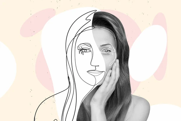 Colagem Desenhada Mão Criativa Encantadora Jovem Senhora Tocando Seu Rosto — Fotografia de Stock