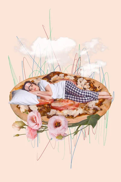 Изображение Коллажа Минимальная Фотография Мечтательной Леди Спящей Большом Огромном Изолированном — стоковое фото