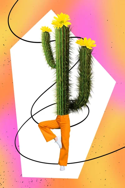 Creative Template Strange Person Green Cactus Body Dancing Nature Care — Stock Photo, Image