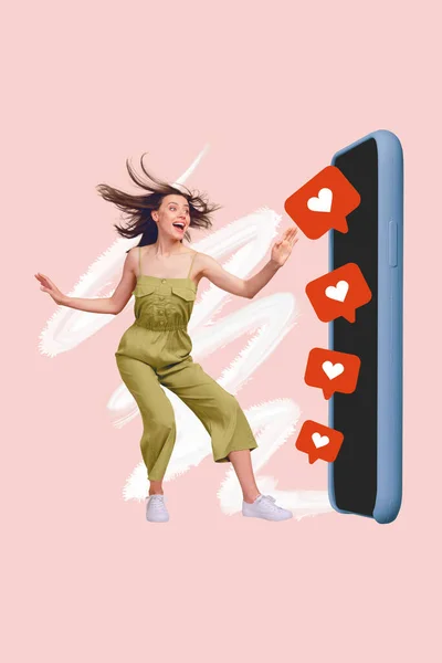 Artwork Magazine Collage Picture Funny Lady Getting Likes Apple Samsung — Stock Photo, Image