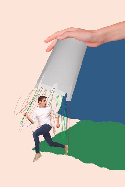 創造的な3D写真アートワークグラフィックコラージュアームキャッチ紙カップランニング男の絵の背景 — ストック写真
