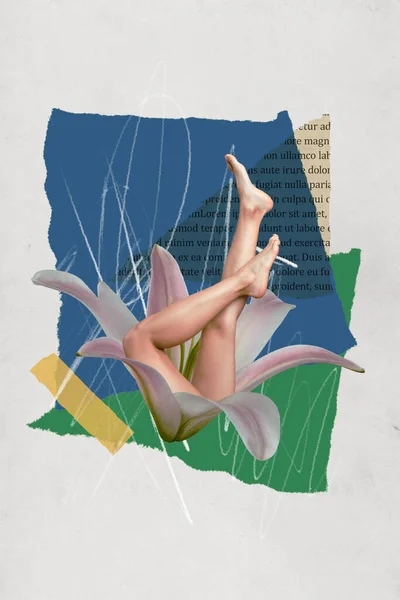 富有创意的抽象模板图形拼贴图片纤细性感女士腿生长在鲜花隔离的背景下 — 图库照片