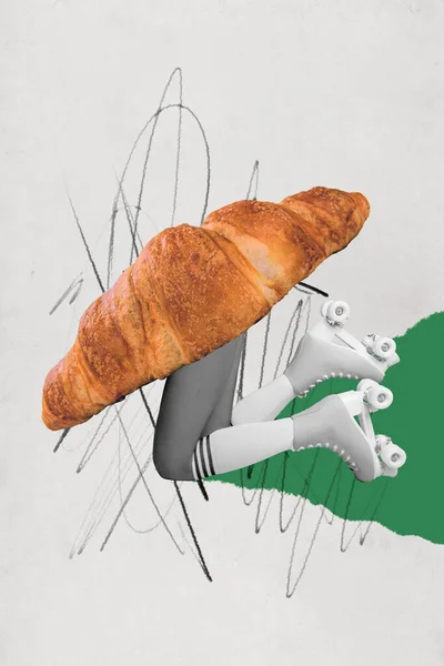 Kreativ Foto Konstverk Grafik Collage Målning Färska Croissant Promenader Dam — Stockfoto