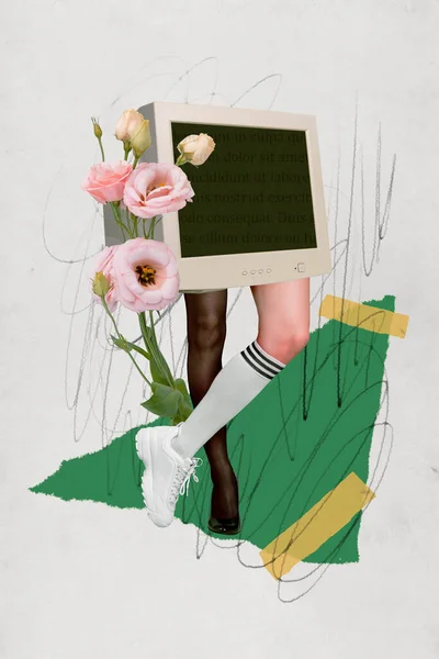 复古3D杂志对老式计算机显示器的拼贴图像 步行女士细腿孤立的绘画背景 — 图库照片
