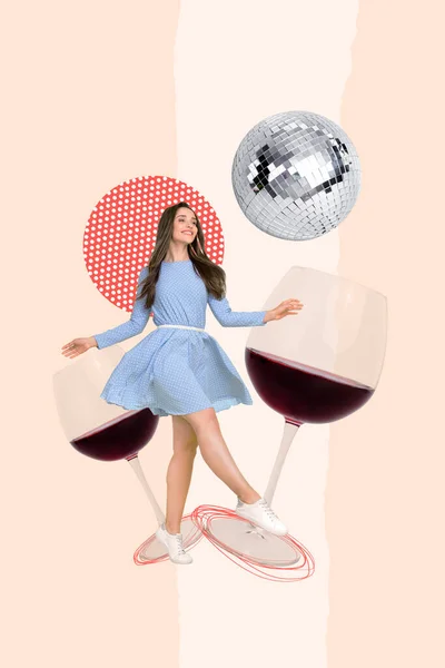 추상적 서브웨이의 창조적 와인을 즐기고 근심없는 여인의 콜라주 — 스톡 사진