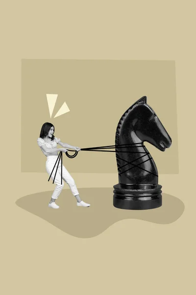 富有创意的海报标语拼贴坚强的年轻女子下棋为胜利而战拉弦骑士马 — 图库照片