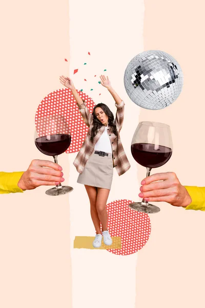 Artwork Magazine Collage Picture Carefree Happy Smiling Lady Cheers Wine — Stock Photo, Image