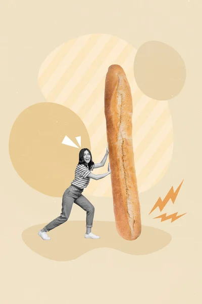 ファンキーな若い女性の創造的な画像のコラージュは大きな長いバゲットローフパンおいしいパン製品広告を運ぶ — ストック写真