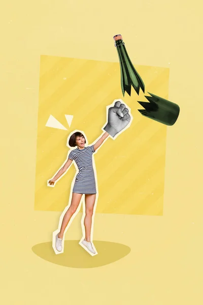 Creatieve Template Collage Met Stop Alcohol Verslaving Concept Jonge Dame — Stockfoto