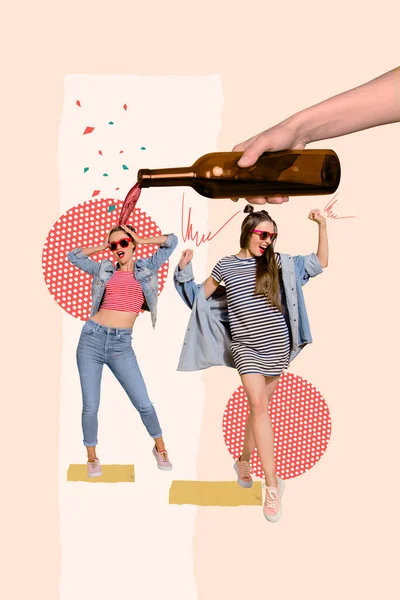Artwork Revista Colagem Foto Senhoras Engraçadas Despreocupadas Dançando Apreciando Vinho — Fotografia de Stock