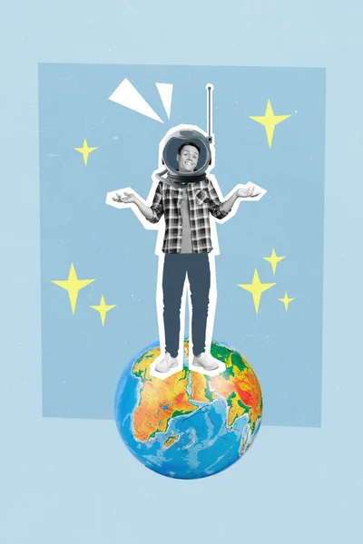 Modèle Bannière Affiche Créative Collage Confus Astronaute Homme Hausser Les — Photo