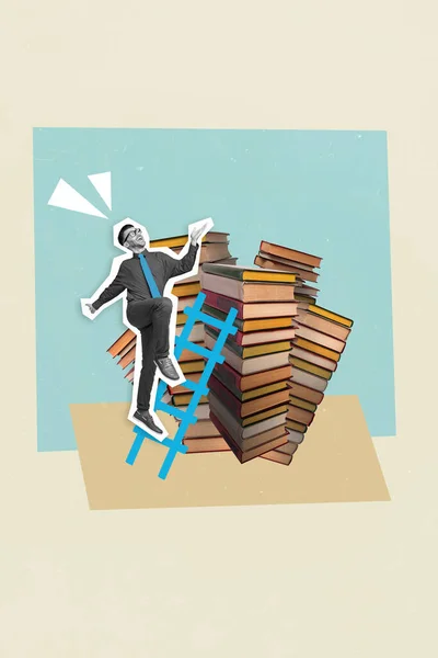 Overjoyed Funny Businessman Climbing Upstairs Big Ladder Reach Get New — Stock Photo, Image