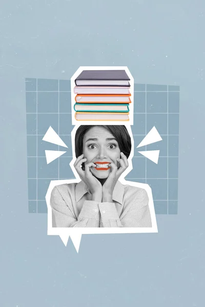 Student Woman Passing Educational Examination Carry Book Pile Head Frightened — Stock Photo, Image