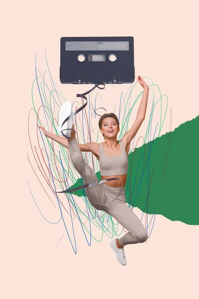 創造的な抽象的なテンプレートグラフィックコラージュ興奮面白い女性のイメージが絡みつくカセットテープ孤立した図面の背景 — ストック写真