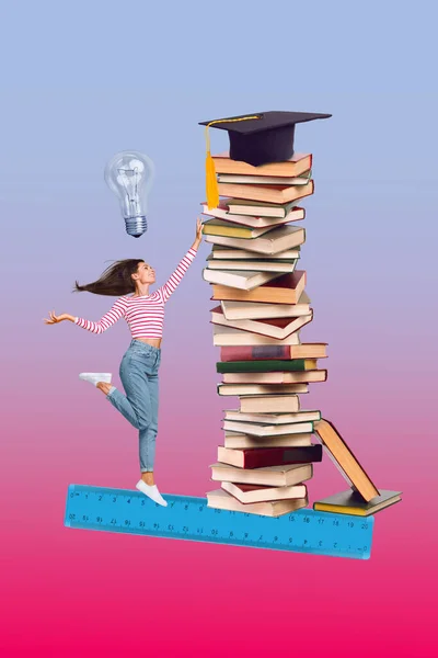 Collage Mínimo Salto Joven Intelectual Dama Regla Pila Libros Idea —  Fotos de Stock