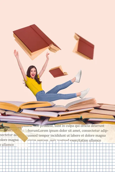 コラージュアートワークグラフィック写真面白い幸せな笑顔の女性読書本を楽しんで孤立した絵画の背景 — ストック写真