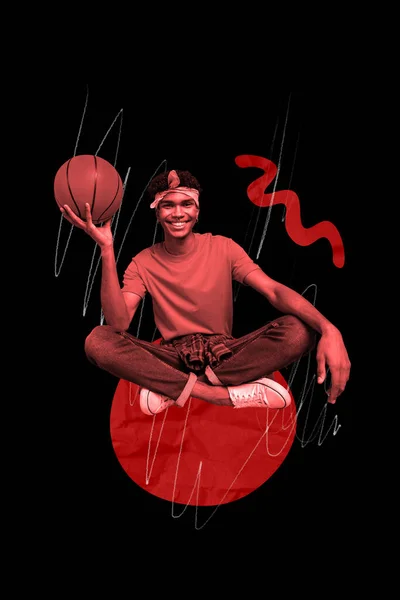 Gülümseyen Iyimser Genç Sporcunun Yaratıcı Minimal Fotoğraf Kolajı Basketbol Hobisi — Stok fotoğraf