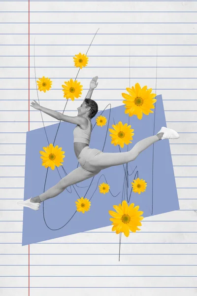 Collage Illustraties Grafisch Beeld Van Zorgeloze Dame Springen Genieten Bloemen — Stockfoto
