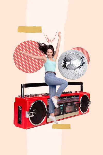 Photo Collage Artwork Minimal Picture Carefree Lady Dancing Having Fun — Stock Photo, Image
