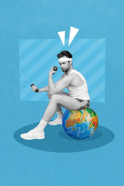 テンプレートの概念的なコラージュ若い男は 地球のボールに座って曲げ筋肉の両足は自分自身を気にしない惑星環境 — ストック写真