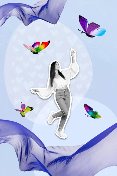 流行的蓝色魔术杂志 由滑稽的年轻女士拼凑而成 享受着飞舞彩蝶的梦幻梦 — 图库照片