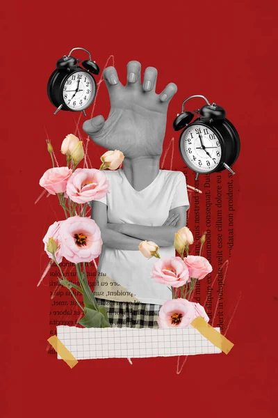 Creative Retro Magazine Collage Image Stressed Depressed Lady Arm Instead — Stock Photo, Image