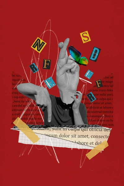 Collage 3d pinup pop retro sketch image of nervous guy typing keyboard fingers crossed instead of head isolated painting background.