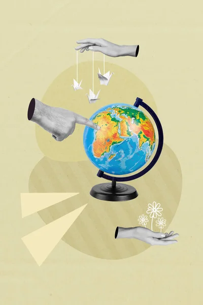 Tvůrčí Prapor Plakát Koláž Země Zeměkoule Lidská Ruka Ukazující Afriku — Stock fotografie