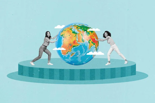 Poster Banner Magazine Collage Two People Girls Push Earth Planet — Stock Photo, Image