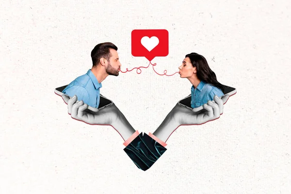 两个人的海报横幅拼贴博主在网上找到真爱的网站约会申请亲吻按下心键 — 图库照片