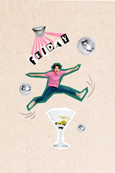 Collage Foto Jonge Dronken Man Springen Onder Grote Martini Glas — Stockfoto