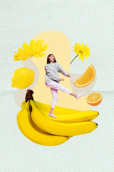 楽しいダンスバナナ孤立絵画の背景を持っている面白い笑顔の女性の創造的なレトロな3D雑誌のコラージュイメージ — ストック写真