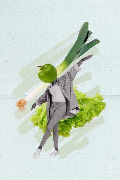 Ekskluzywny Magazyn Obraz Szkic Kolaż Obraz Beztroski Lady Zielone Jabłko — Zdjęcie stockowe