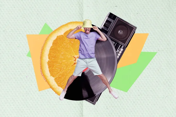 创意复古3D杂志拼贴图片时髦有趣的家伙享受新鲜柑橘类音乐氛围孤立的绘画背景 — 图库照片