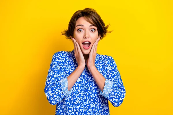 Photo Charming Excited Lady Wear Print Shirt Arms Cheeks Open — Stock Photo, Image