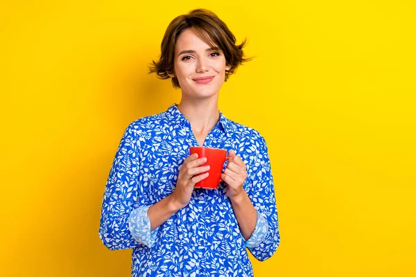 Photo Lovely Pretty Lady Wear Blue Clothes Enjoy Fresh Cappuccino — Stock Photo, Image
