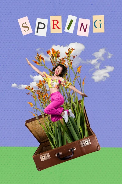スーツケース栽培の植物から飛び降りる興奮した面白い女性の創造的なテンプレートグラフィックコラージュイメージ孤立した図面の背景 — ストック写真