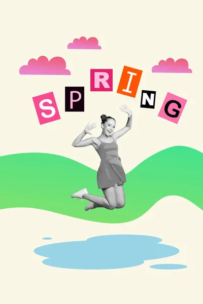 Colagem Vertical Funky Jumping Menina Dia Quente Após Chuva Natureza — Fotografia de Stock