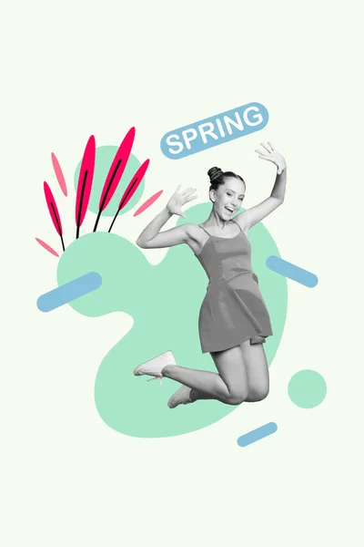 Photo Collage Young Jumping Girl Celebrating Spring Season Shopping Low — Stock Photo, Image