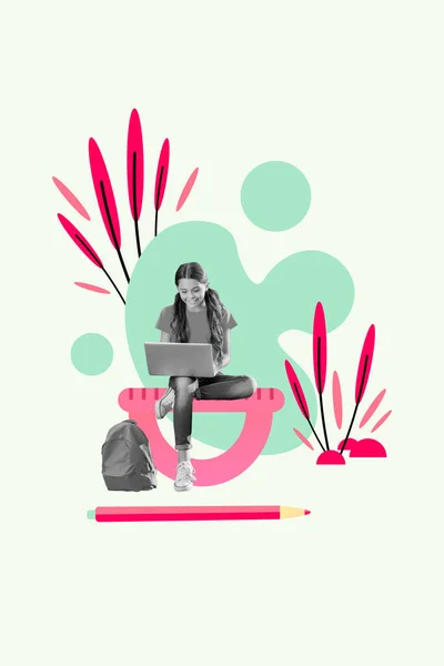 垂直画像コラージュ若い女子高生がオンラインで勉強を楽しむリモートで宿題を行う緑の自然公園天気がベンチに座る — ストック写真