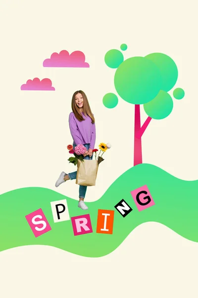 垂直コラージュ環境に優しい女の子は木の近くに緑の公園のスタンドを歩く紙の袋の花を運ぶ暖かい一日自然目覚めのコンセプト — ストック写真