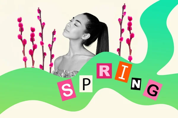 Photo Collage Asian Model Fashionable Feminine Lady Spring Season Overjoyed — Stock Photo, Image