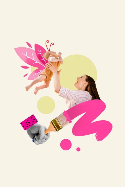 엄마의 콜라주 아기를 일어나서 아기와 놀면서 그림을 그리는 컨셉트 — 스톡 사진